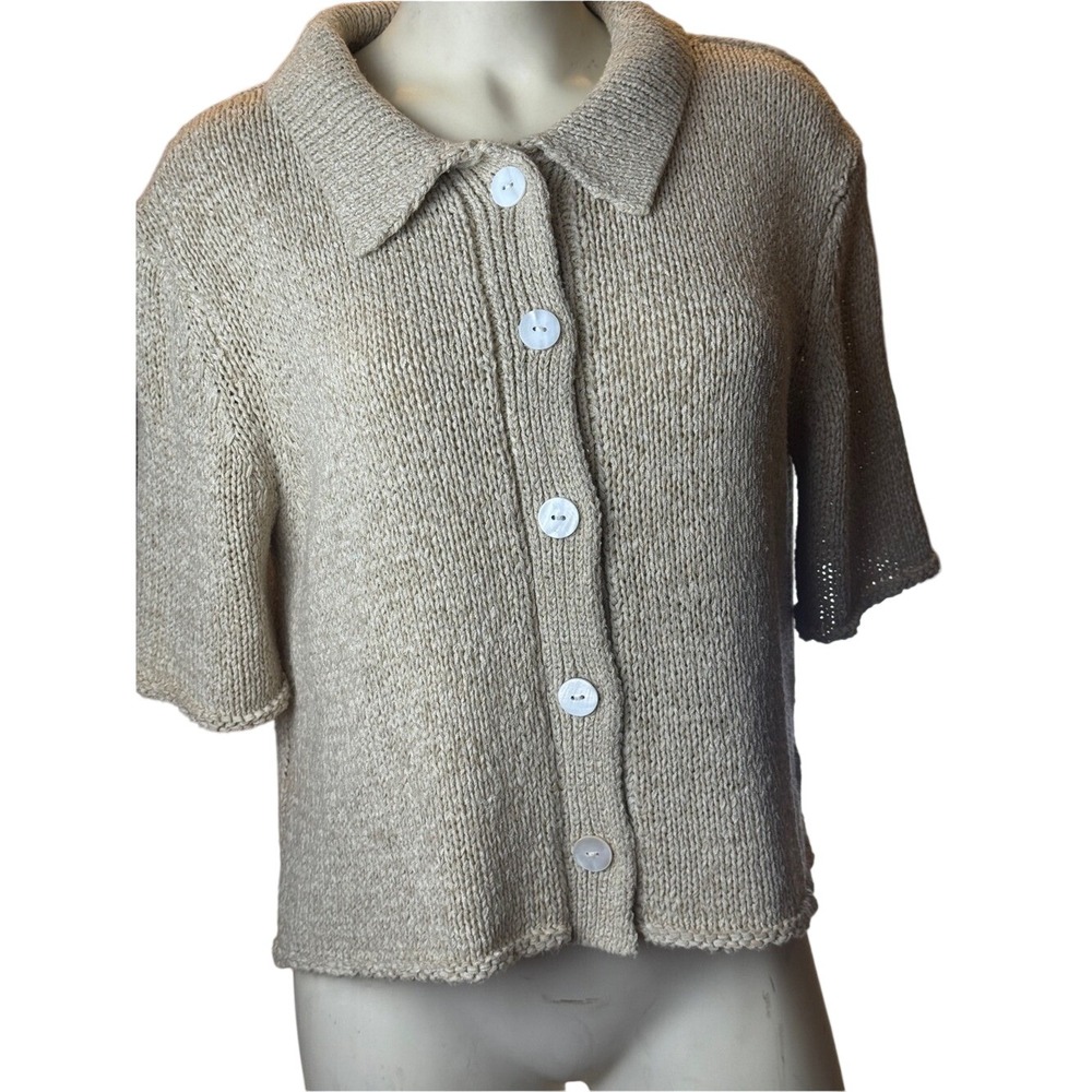 Böhme Women's M Beige Textured Knit Short Sleeve Collared Cardigan Button Front